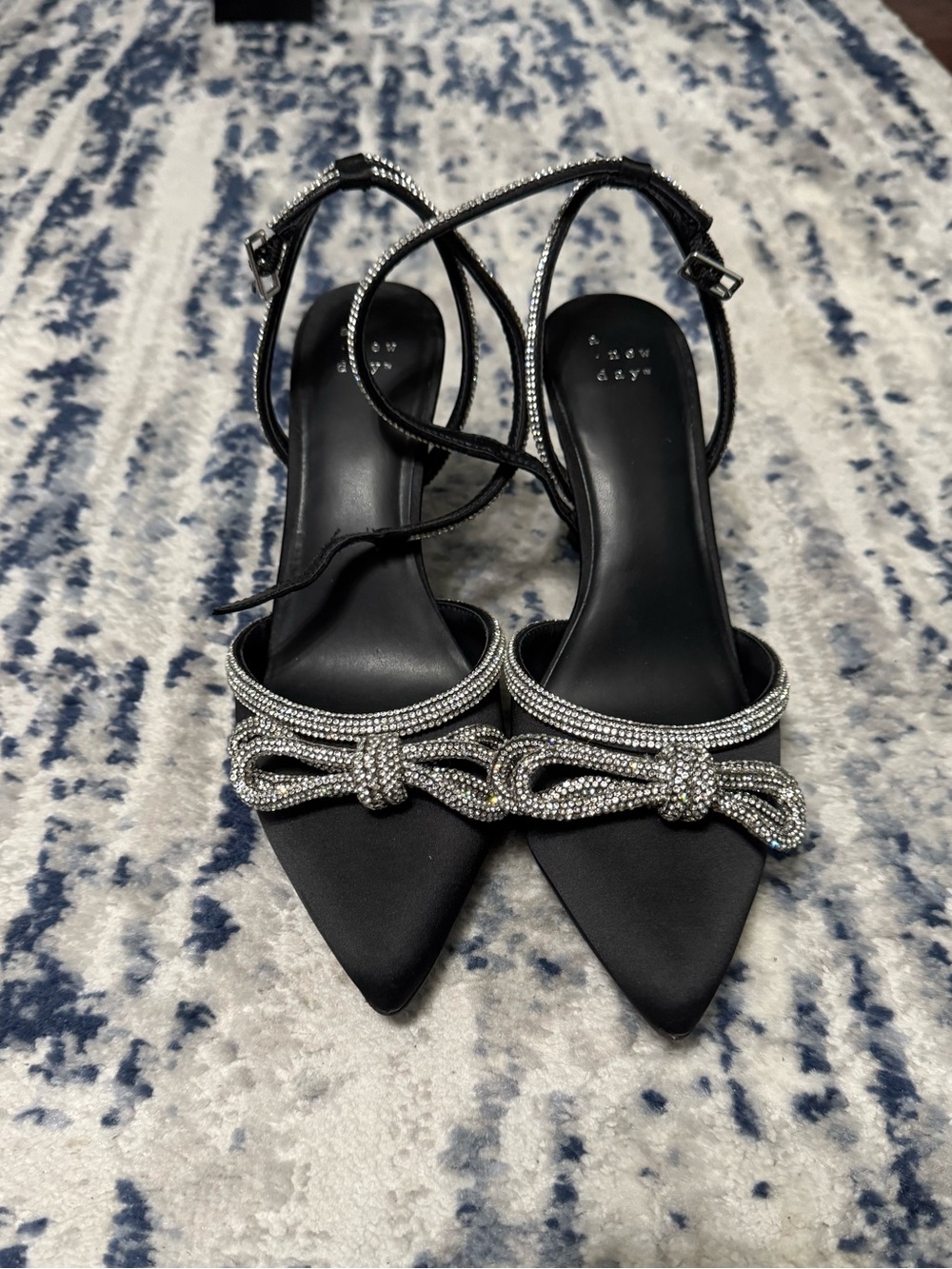 Black Satin Slingback Heels with Crystal Bow Perfect for the Holidays!!!